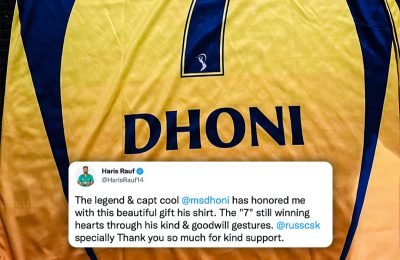 MS Dhoni gifts his signed CSK shirt to Haris Rauf MS Dhoni gifts his signed CSK shirt to Haris Rauf