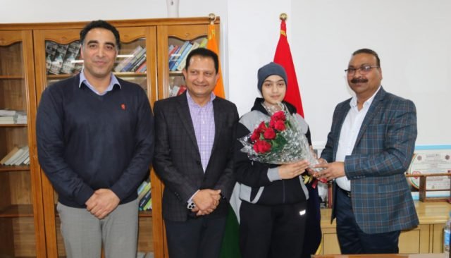 Wushu Gold Medalist Sadia Tariq calls on DGP J&K. Pic/KSW
